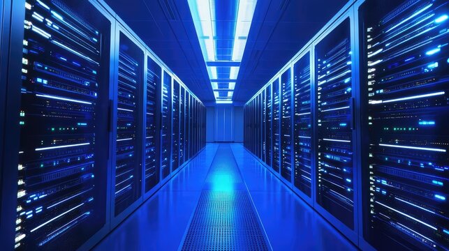 Data center server racks storing big data and cloud information