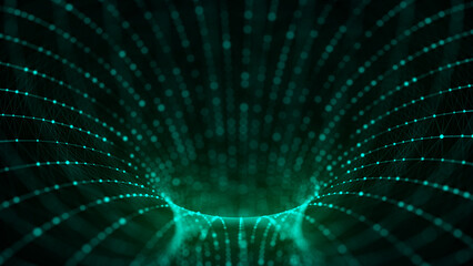 Technology wireframe circle tunnel on green background. Futuristic 3D wormhole grid. Big data visualization. 3D rendering.
