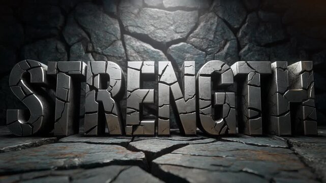 AI-Video of Powerful text effect of &ldquo;Strength&rdquo; with metallic 3D letters and cracked stone texture under dramatic spotlight. Perfect for motivational editorials and sports branding.