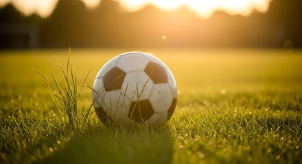 Fototapeta premium Soccer ball on green grass field at sunset, symbolizing sport, recreation, and the beauty of nature in outdoor activity