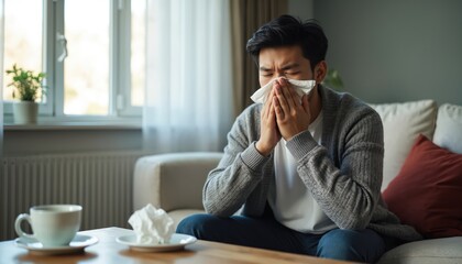 Asian man with runny nose sits on couch, sneezes into tissue. Unwell person with cold symptoms rests at home, uses napkin. Feverish male feels sick, ill, needs rest and care.