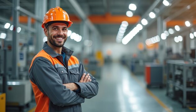 Young man smiles in factory wear with hard hat. Crossed arms show confidence and pride in industrial work. Modern manufacturing setting implies progress and skilled occupation.