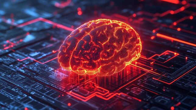 Artificial intelligence brain glowing red on circuit board