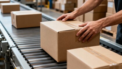 Close-up of a worker guiding a sealed cardboard box onto a metal roller conveyor belt inside a large warehouse or shipping facility.