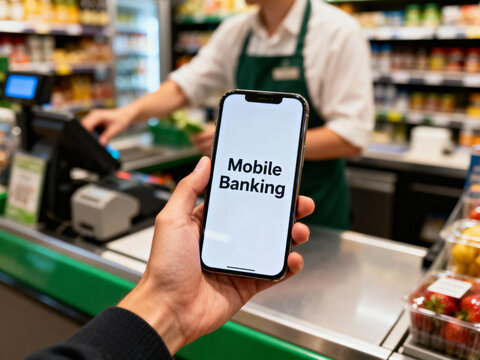 Close-up of a hand holding a smartphone with "Mobile Banking" displayed at a retail checkout counter.
