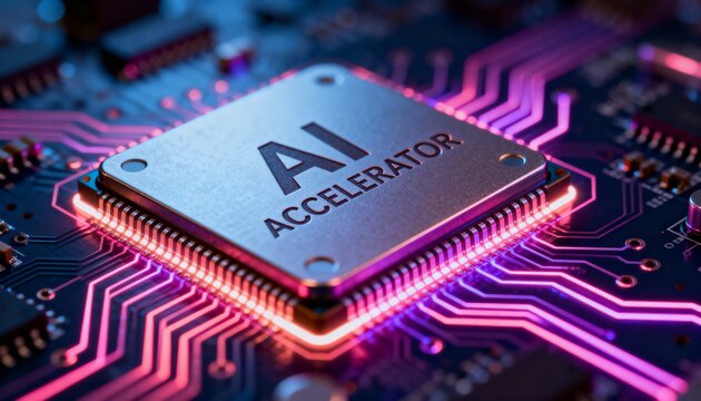 Macro view of an AI accelerator chip mounted on a motherboard, illuminated by vibrant pink and blue electronic pathways, symbolizing advanced computing.