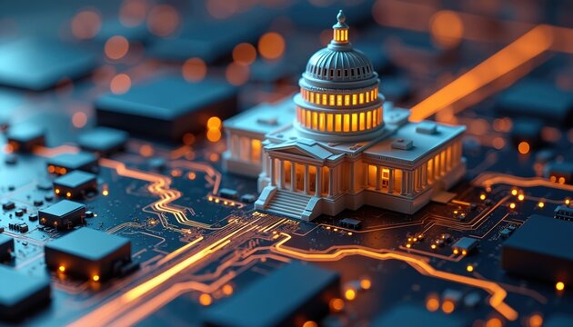 Futuristic digital circuit board with miniature government building model. Glowing orange lines show data flow, connections. Modern tech integration symbolizes advanced administration, future policy.