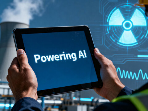 Hands holding a tablet showing "Powering AI" next to a power plant, overlaid with futuristic monitoring data.