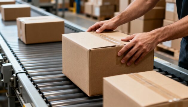 Close-up of a worker guiding a sealed cardboard box onto a metal roller conveyor belt inside a large warehouse or shipping facility.