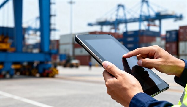 Hands holding tablet touching screen, managing logistics at a busy shipping port with large cranes.