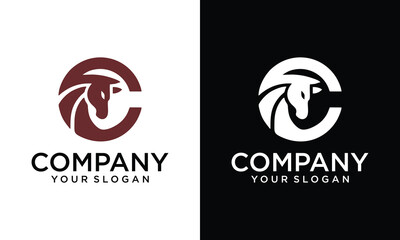 Creative Letter C head horse logo design. Vector combination of animals and letter