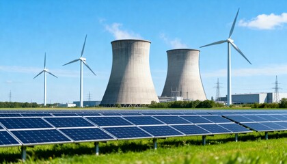 Solar panels and wind turbines alongside large cooling towers, representing a mix of modern and traditional energy sources.