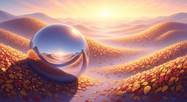 A clear glass sphere reflecting a golden sunrise or sunset over rolling hills covered in autumn leaves, creating a serene and mystical landscape.
