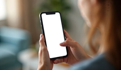 Young woman holding a cell phone with a blank screen while touching her finger at home.