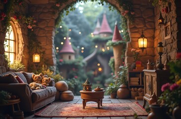 Fantasy cat realm with castle towers, fairy lights, and magic-themed decor Generative AI