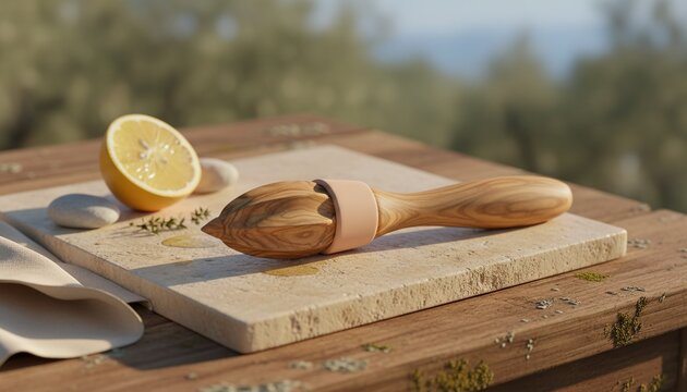 Handheld wooden lemon juicer and fresh cut lemon on a natural stone slab with thyme, ready for squeezing citrus juice outdoors. - Powered by Adobe