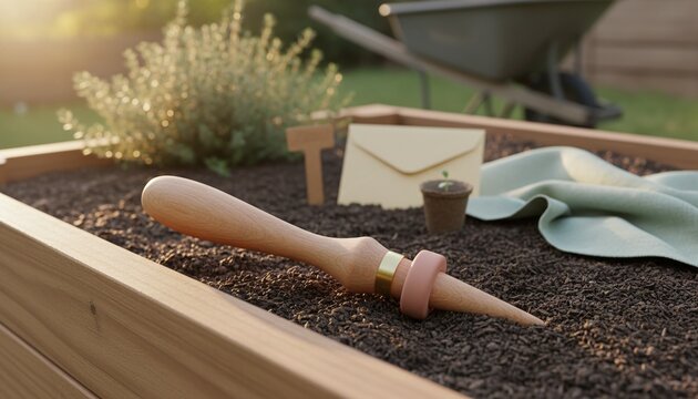 Close-up of a wooden dibber tool resting on fresh soil in a raised garden bed, ready for planting a seedling at golden hour.