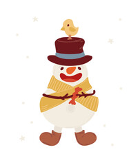 Happy snowman character in yellow scarf and funny hat. Holiday clipart for Christmas and New Year greeting cards and invitations. Hand drawn vector illustration.
