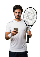 Professional tennis player with racket and mobile phone in hand athlete sportsman isolated on transparent background