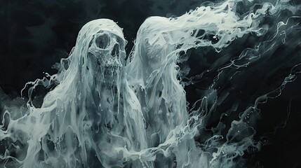Cinematic Paranormal Illustration Depicting Mysterious Ethereal Forms in Darkness
