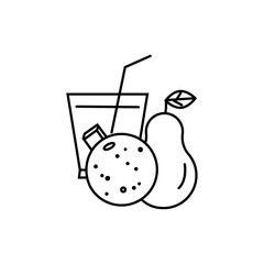 Isolated black and white icon of a glass with ice, orange, and pear. Vector illustration, doodle style. Only healthy food and drinks. Can be used in mobile apps, websites, and advertising.