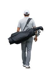 Naklejka premium Rear view of golfer carrying golf bag with clubs png image for design assets and mockups, golf player isolated on transparent background