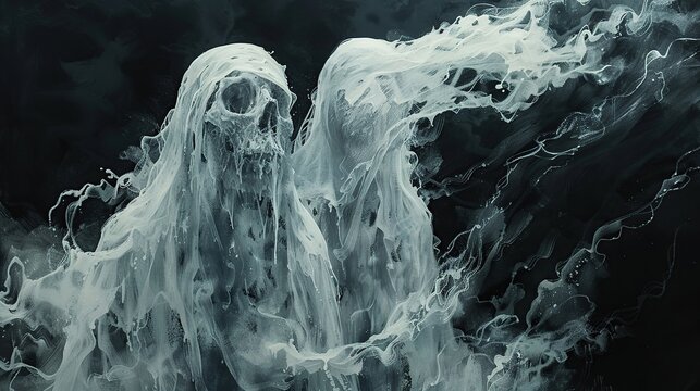 Cinematic Paranormal Illustration Depicting Mysterious Ethereal Forms in Darkness