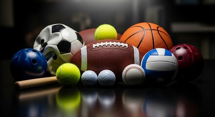 An assortment of sports equipment including a football, soccer ball, and basketball on a dark surface