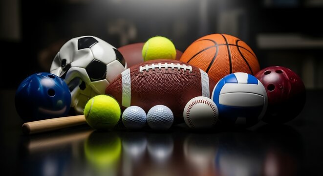 An assortment of sports equipment including a football, soccer ball, and basketball on a dark surface
