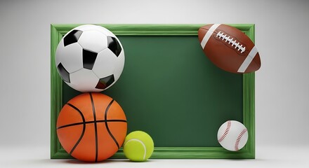 Sports equipment on a green board, including a soccer ball, basketball, tennis ball, baseball, and football, all on display