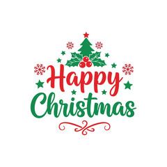 Festive Happy Christmas design with tree, berries, and snowflakes