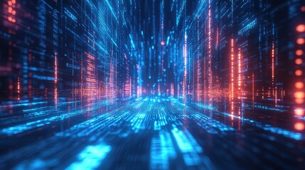 Digital data flowing through abstract cyberspace network tunnel