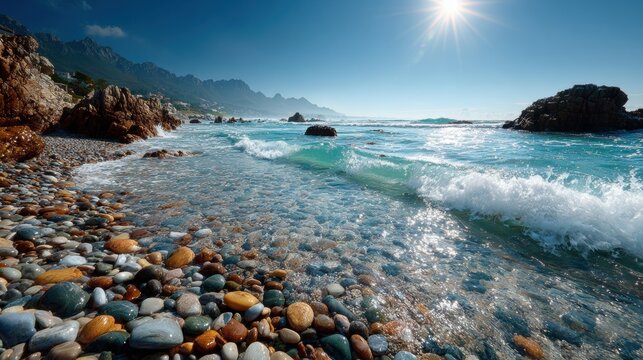 Sun-drenched pebble beach on a summer day at Martha's Vineyard, with waves gently washing ashore and clear water reflecting the sky