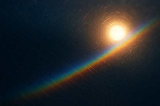 Rainbow light streak shining across a dark background with lens flare effect