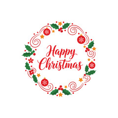 Festive Happy Christmas wreath with holly, ornaments, and stars
