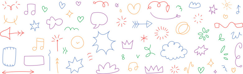 Adorable line icon doodle component.  Hand-drawn line sketch, text embellishment, star, glitter, arrow, and heart element set.  Simple drawings of a flower, sun, and emphasis sign.