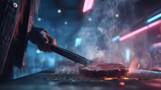 女性がデニム姿でネオンに照らされた焼肉をつかむ、都会的でライブ感のある瞬間