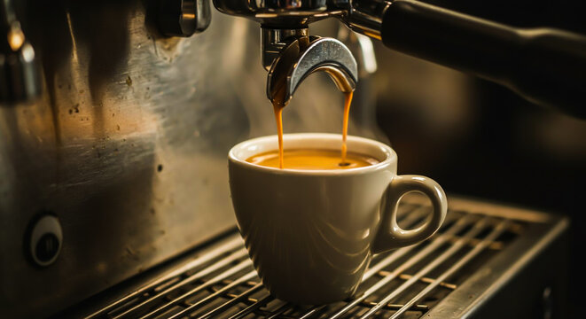 Espresso machine brewing coffee with rich crema.