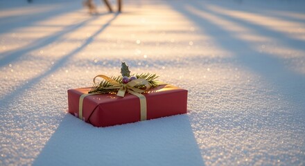 Green Christmas Present on Snowy Field at Golden Sunrise