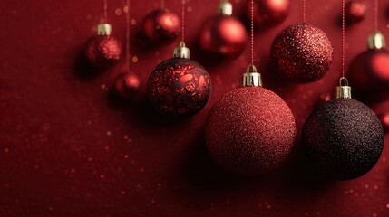 Red christmas ornaments hanging against a festive background with copy space for holiday season