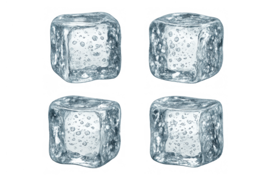 Ice cubes freezing water, creating cold refreshment for drinks. Transparent background for easy layering