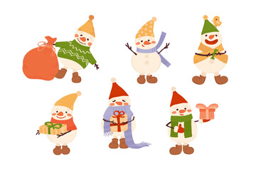 Cute snowman characters with gift boxes. Christmas vector set isolated on white. Festive winter elements for holiday design and decoration.