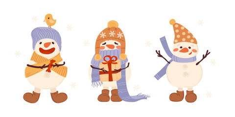 Adorable snowman with Christmas present  isolated on white. Cute winter characters vector set. Elements for holiday stickers and printable designs.