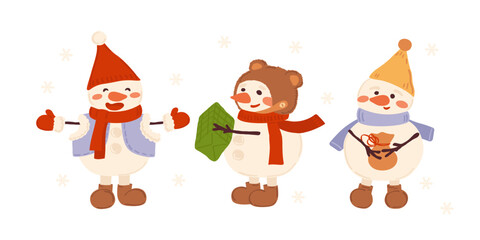 Naklejka premium Funny snowman in bright hat and scarf. Cozy winter character with smile and warm holiday feelings. Vector illustration set.
