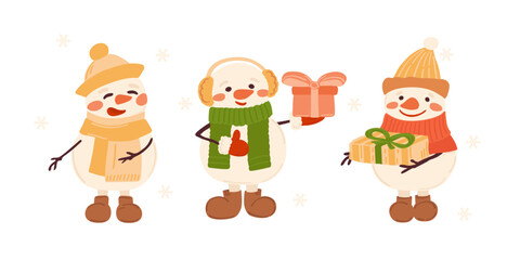 Cute Christmas snowman holding gift box. Vector clipart isolated on white background. Festive winter illustration with joyful mood.