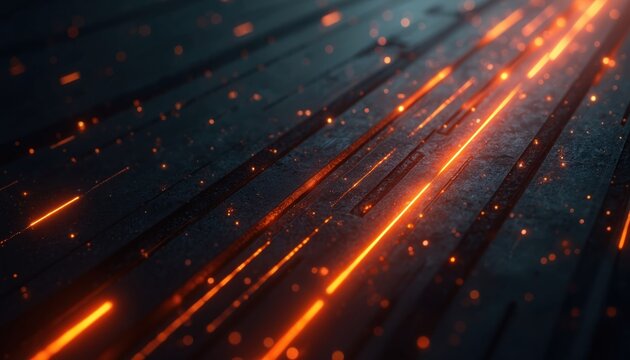 Dark abstract background with glowing orange lines and particles moving fast. Digital interface or futuristic tech design with energy streams and bright lights.