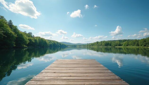 Wooden pontoon bridge extends over still lake waters on bright summer day. Rich green forest lines peaceful lake reflecting sky and clouds. Calm natural landscape offers quiet repose. - Powered by Adobe