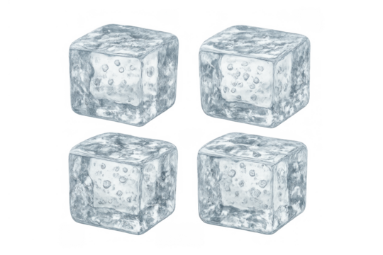 Ice cubes with air bubbles on transparent background, refreshing frozen water elements for cold drinks
