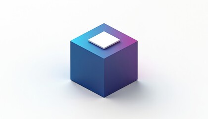 Fototapeta premium Abstract isometric cube with gradient blue and purple colors. A smaller white square sits on top. Clean, modern design for tech, business, or art concepts. Minimalist object.