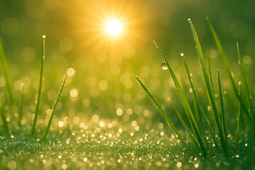 Fresh green grass with dew drops and sun shining in the morning